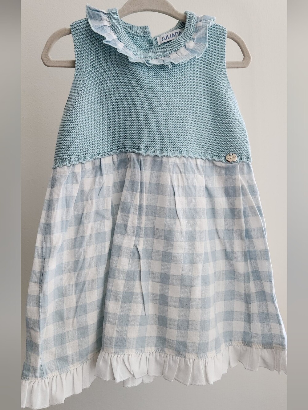 Girls Light Blue Knit & Gingham Dress w/ Bloomers